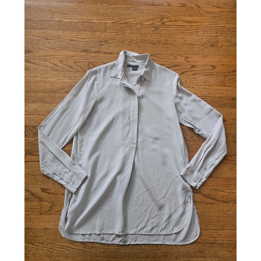 Vince Womens 100% Silk Split Neck Popover Blouse Gray Long Sleeve Top Size 6